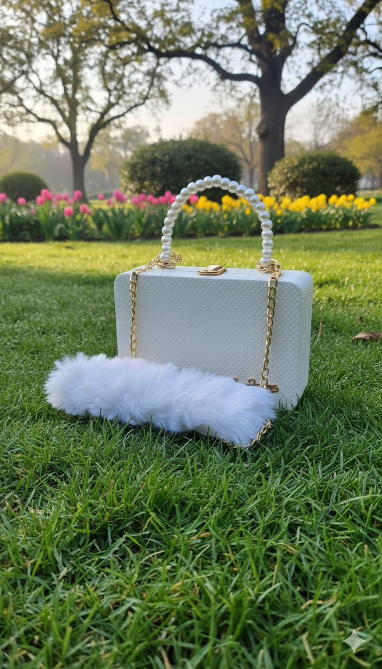 Premium Pearl Handle Box Clutch with Fur Detail