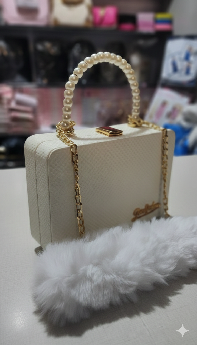 Premium Pearl Handle Box Clutch with Fur Detail