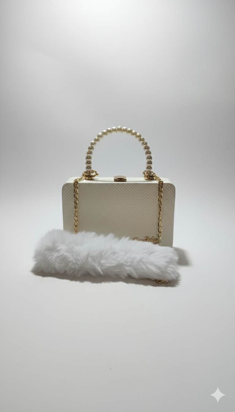 Premium Pearl Handle Box Clutch with Fur Detail