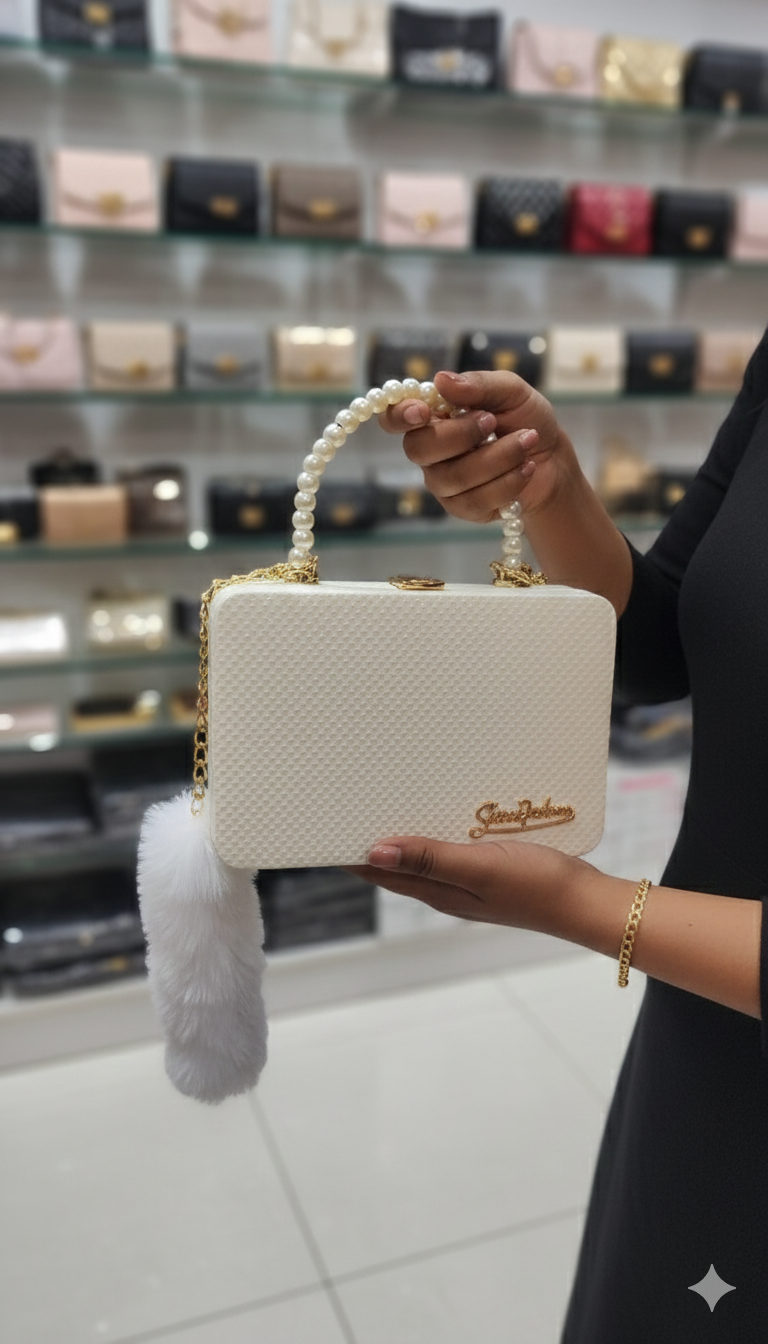 Premium Pearl Handle Box Clutch with Fur Detail