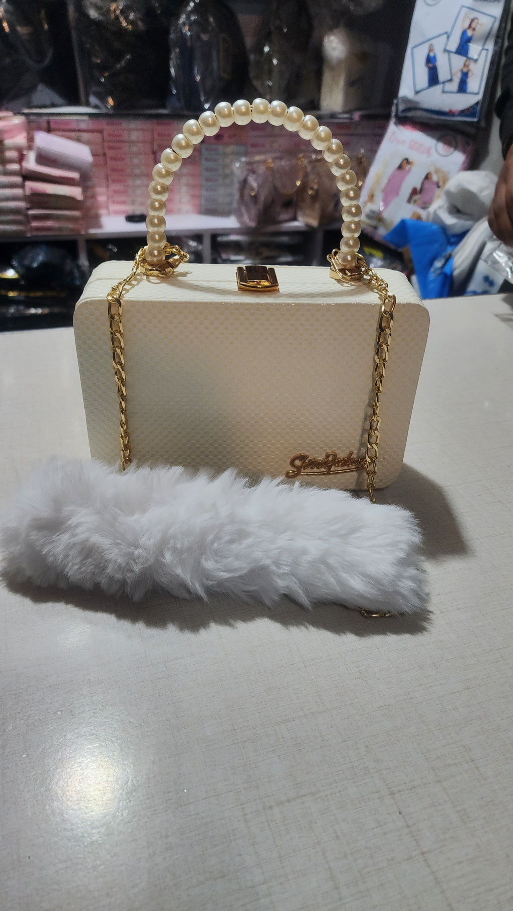 Premium Pearl Handle Box Clutch with Fur Detail